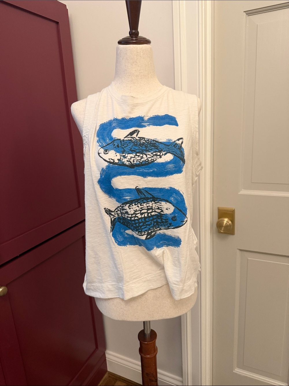 Maeve White Tank Top with Blue Fish Graphic